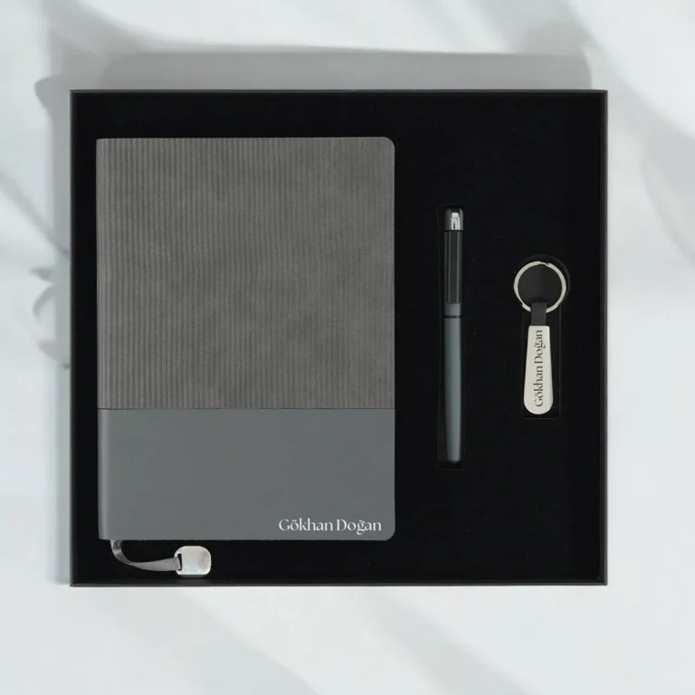 Kişiye Özel Premium Kutulu Gri Dokulu Hediye Seti