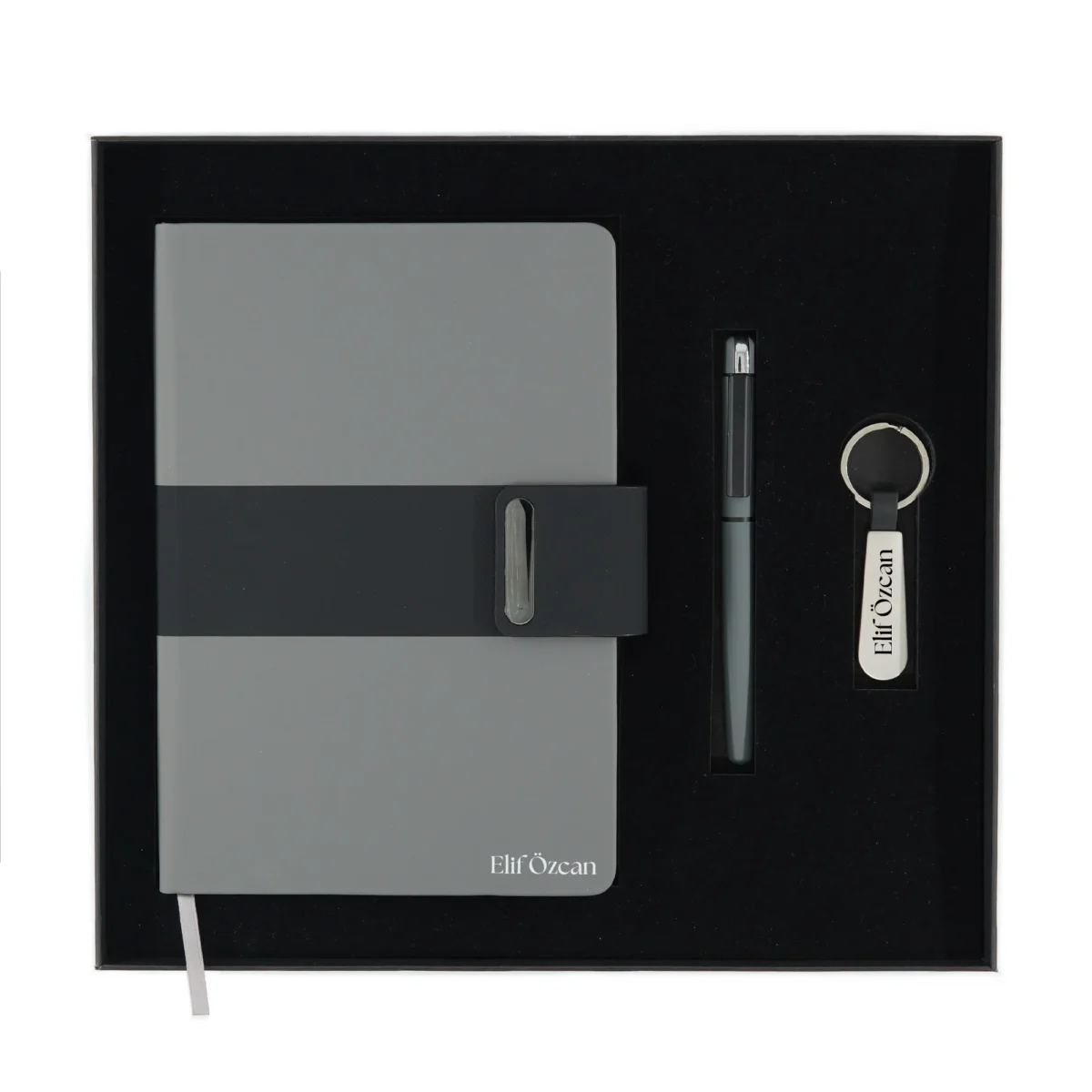 Kişiye Özel Premium Kutulu Gri-Siyah Hediye Seti