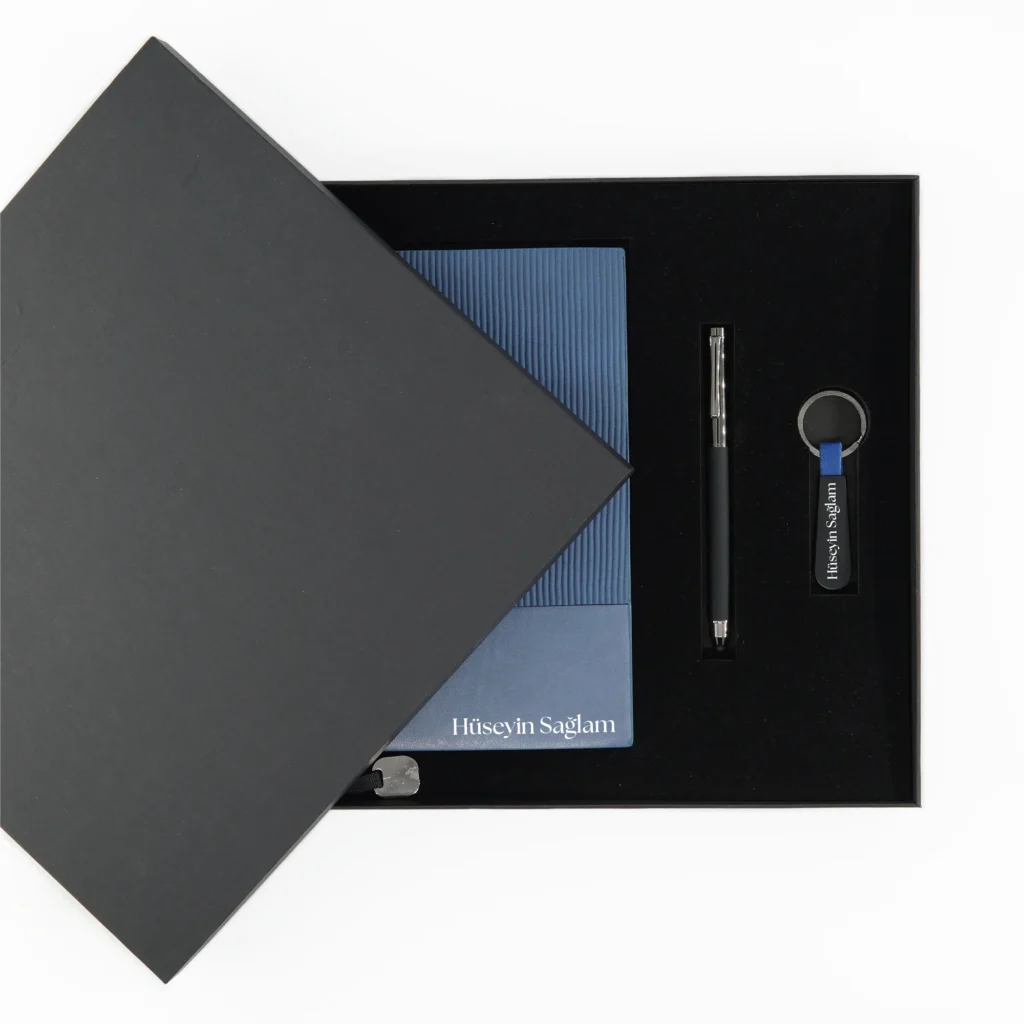 Kişiye Özel Premium Kutulu Mavi Dokulu Hediye Seti