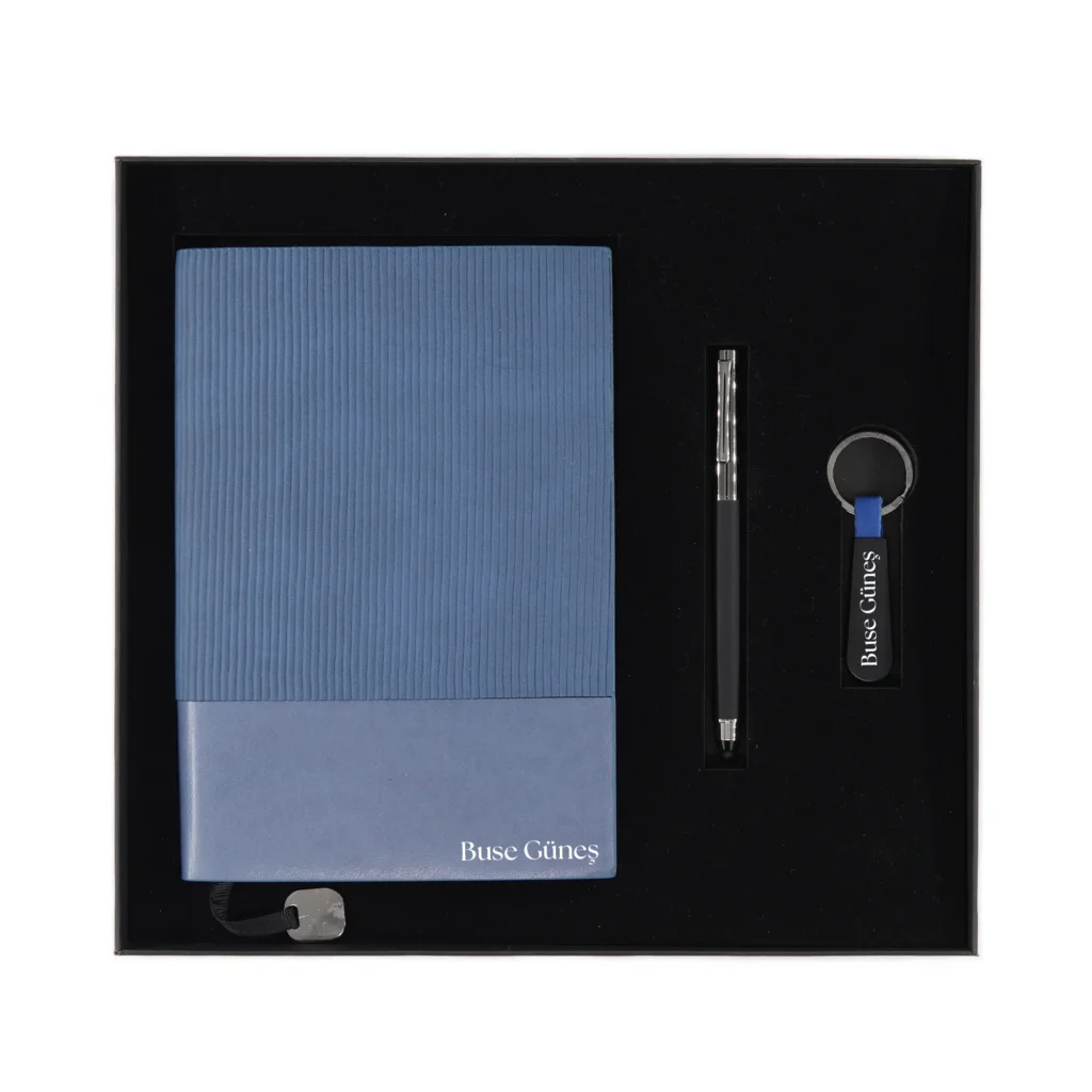 Kişiye Özel Premium Kutulu Mavi Dokulu Hediye Seti