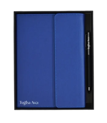 Premium Kutulu Mavi Defter Kalem Seti